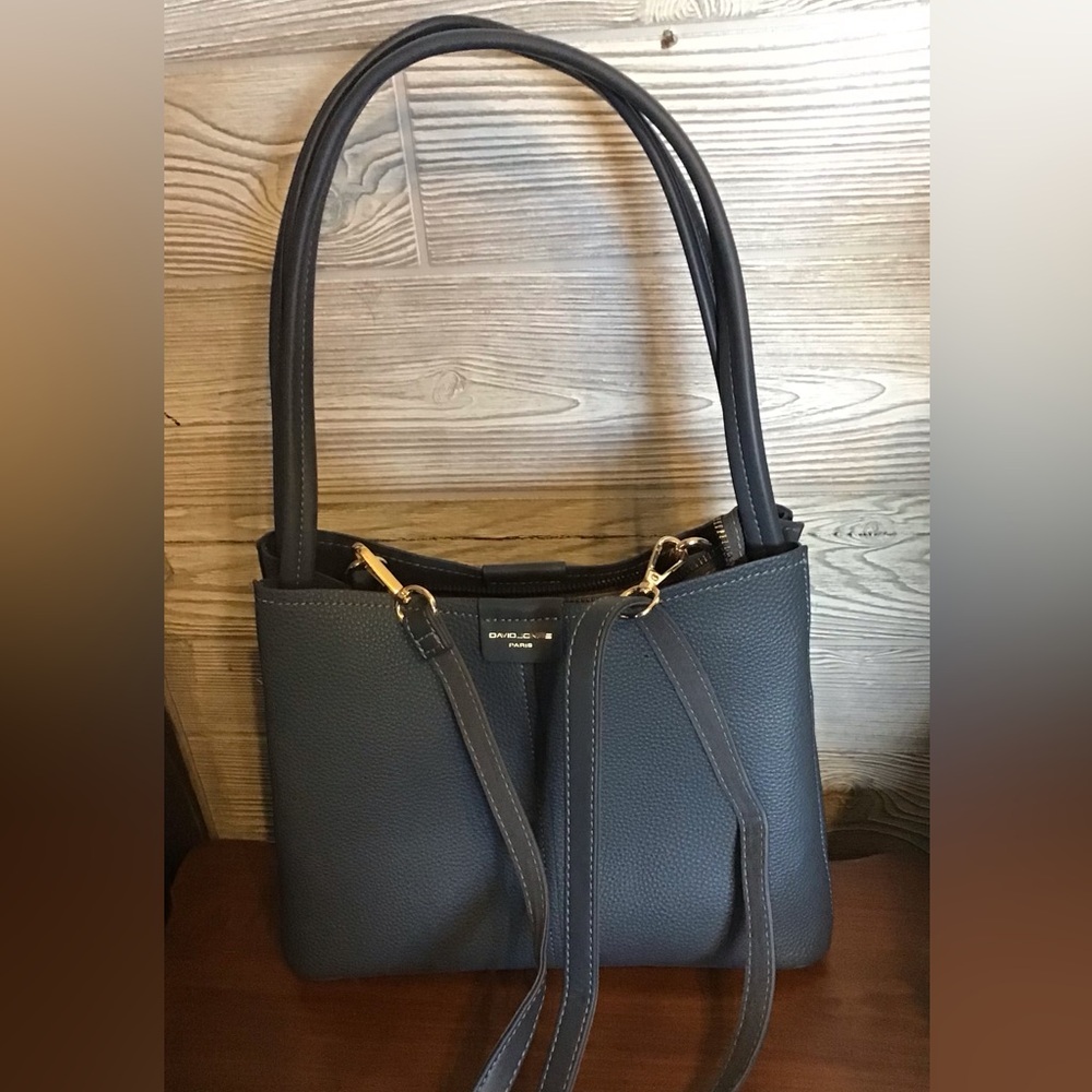 David Jones Paris Faux grey Leather purse with Double Handles and shoulder strap